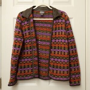 Sigrid Olsen Vibrant Open Weave Knit Wool & Leather Jacket Women’s Size L EUC